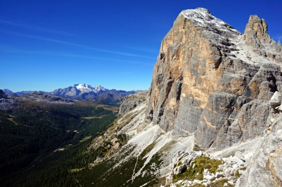 the impressive south face of Tofane rises above Cortina